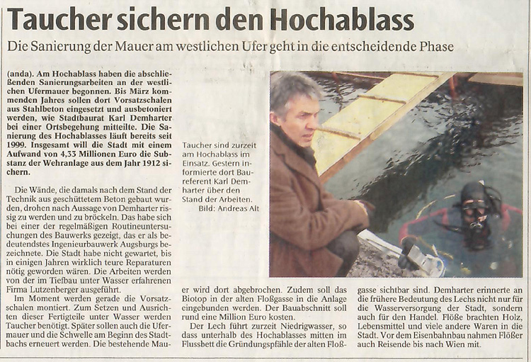 Taucher sichern den Hochablass, Zeitungsbericht Augsburger Allgemeine